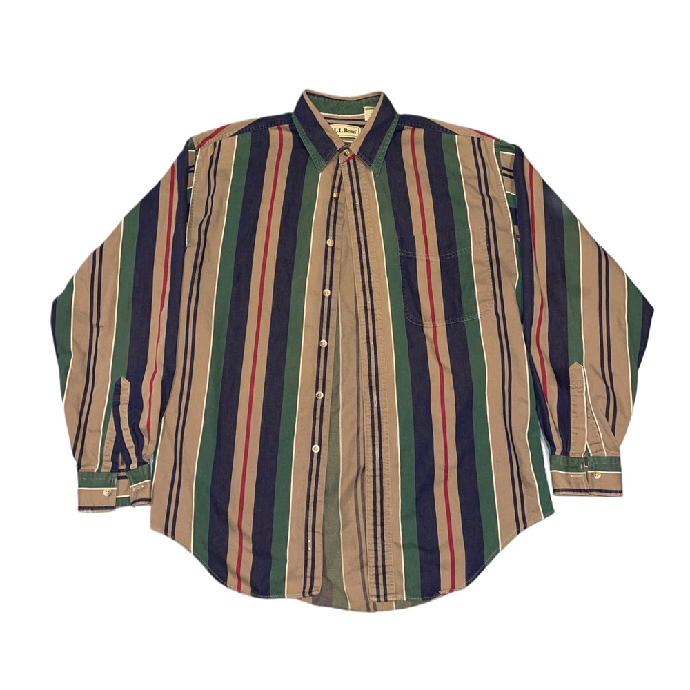 L.L. Bean Men's Striped Button Down Shirt - Green, Red, Tan